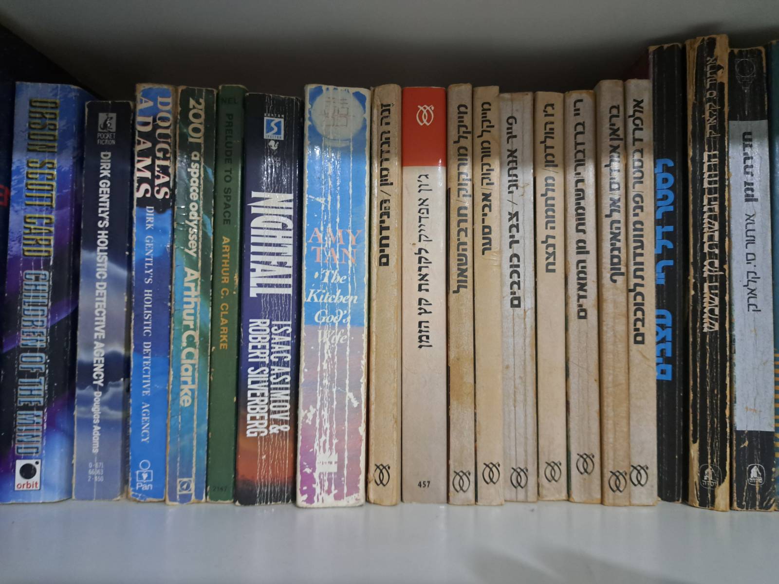 A real bookshelf with mixed English and Hebrew books, the kind of shelf HomeLib scans